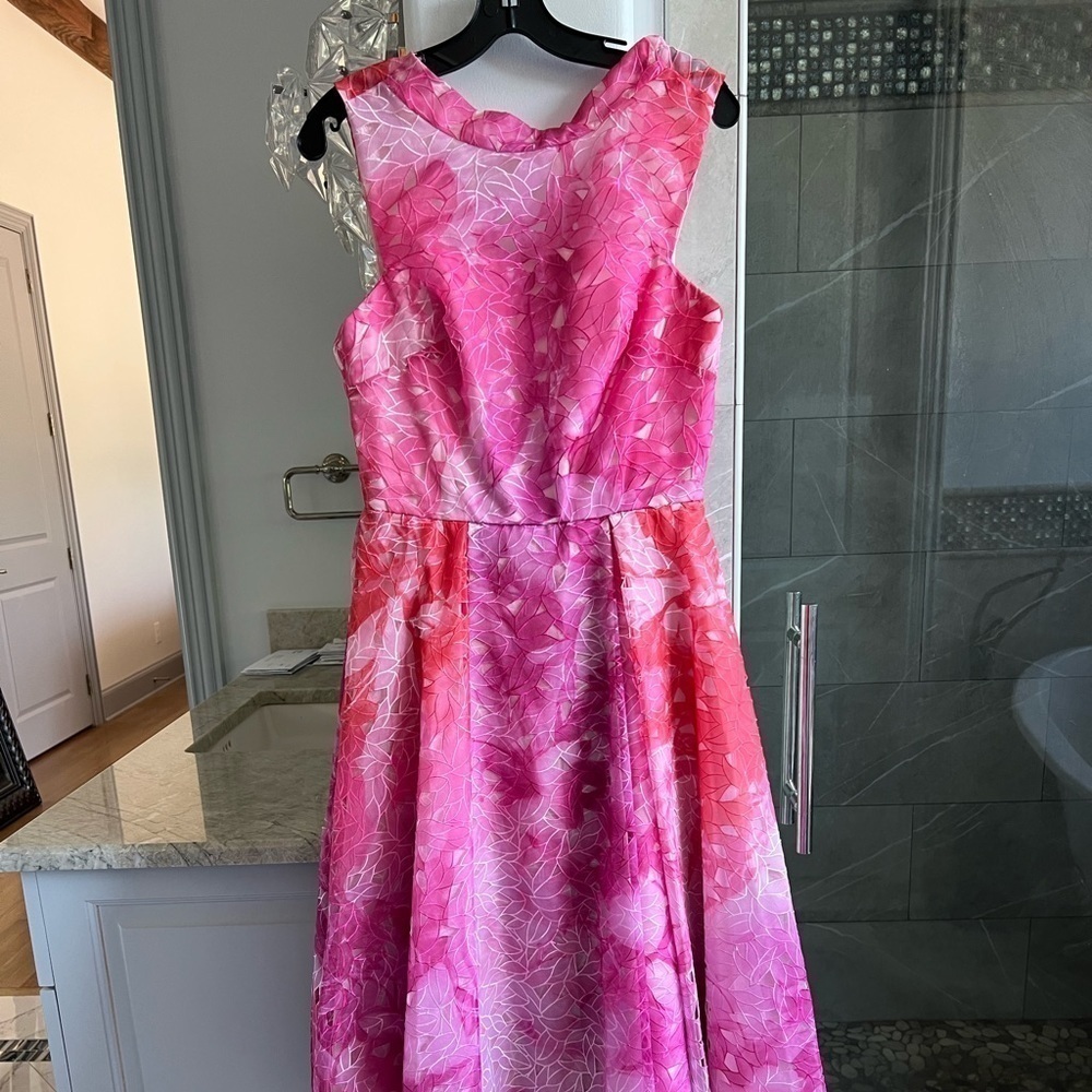 Monique Lhuillier Pink Floral Lace Fit Flare Dress - Picture 4 of 13